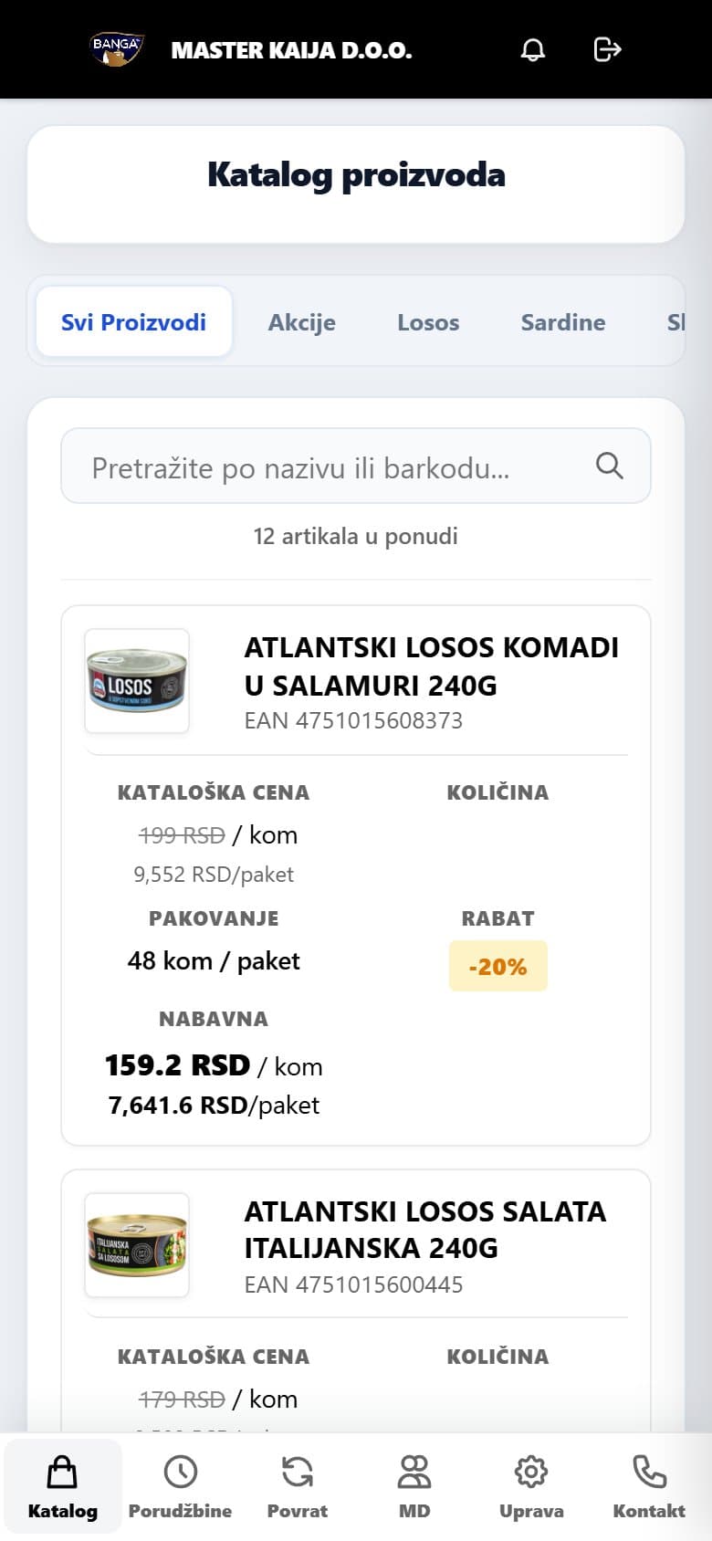 Sistem Master Kaija – B2B portal – prikaz na telefonu